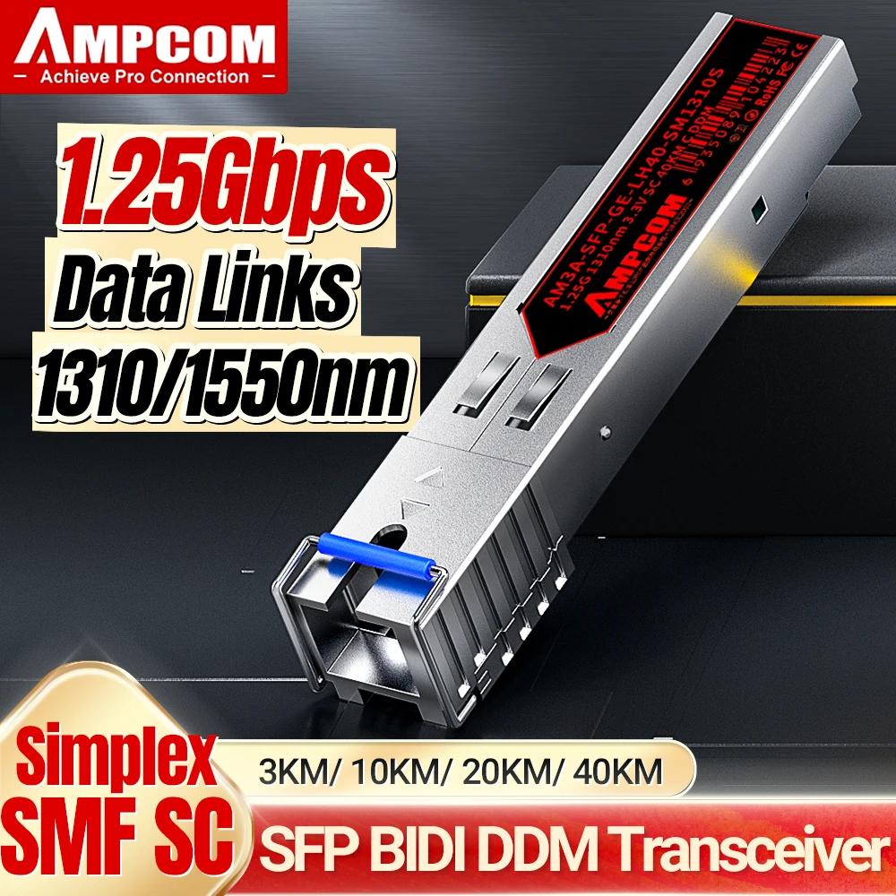 AMPCOM 1.25G SFP Ʈù , 1000BASE-BX BiDi SFP to SC Simplex SMF 1550nm-TX/1310nm-RX DOM 3 10 20 40km